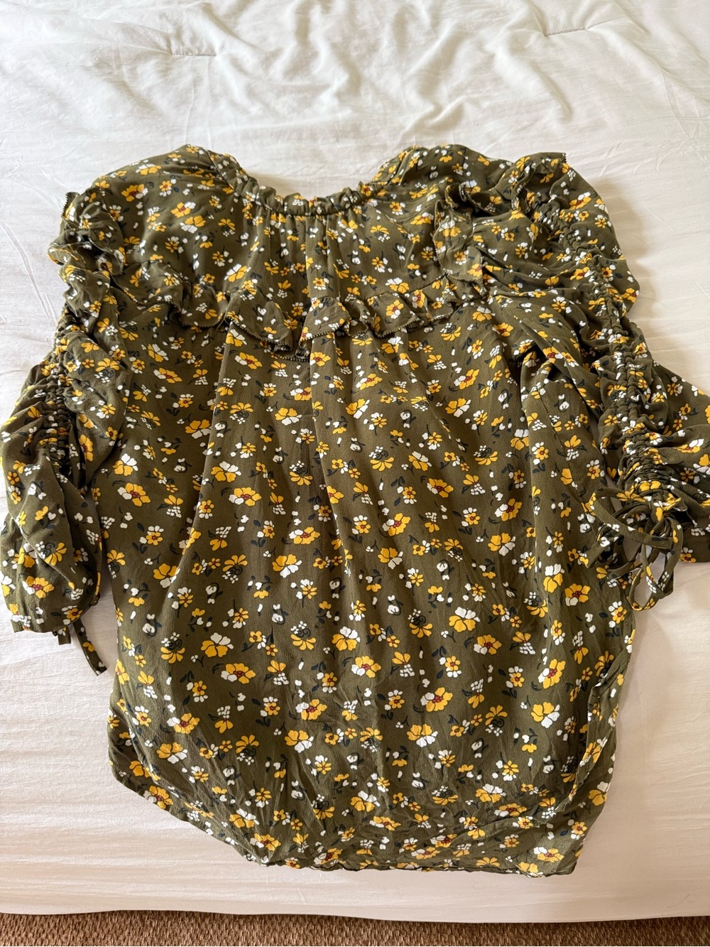 Veronica Beard Olive Green Floral Ruffle Off-Shoulder Blouse